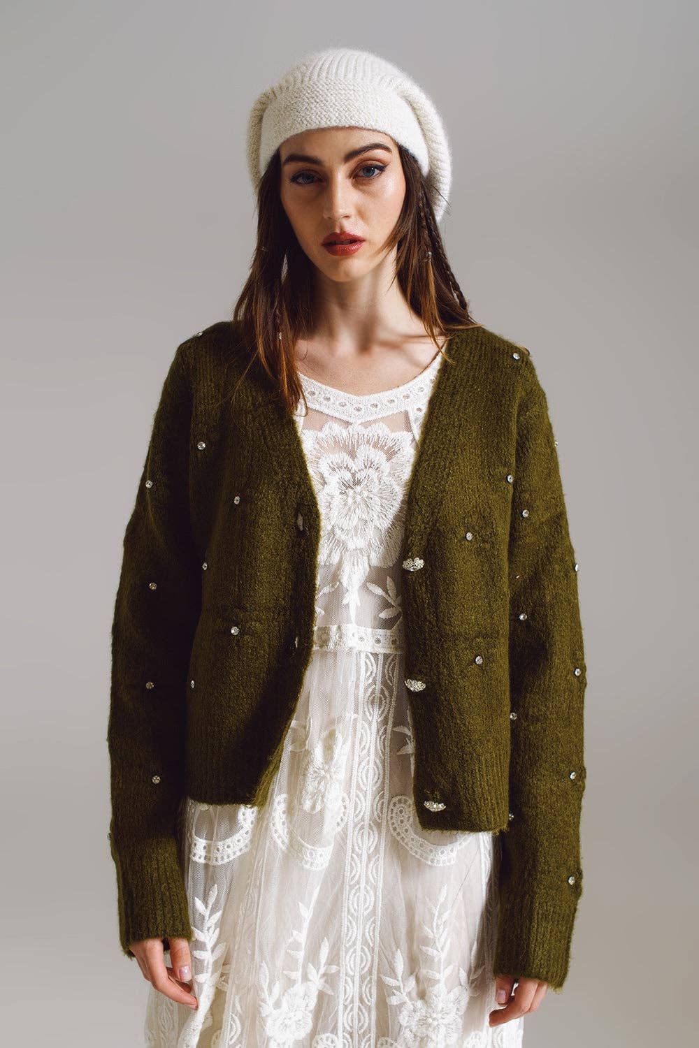 Brown cardigan with knitted flowers and embellished details - Something about Sofia