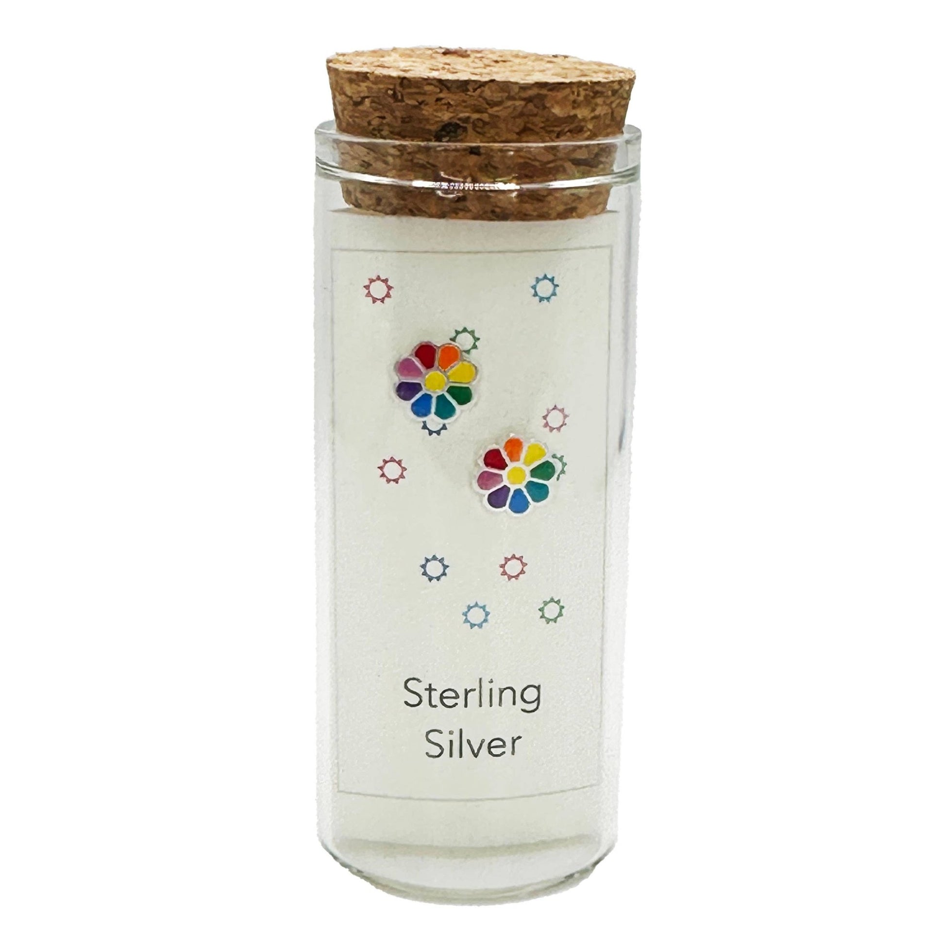 Fun Sterling Silver Stud Earrings in a Glass Bottle: Rainbow Flower - Something about Sofia