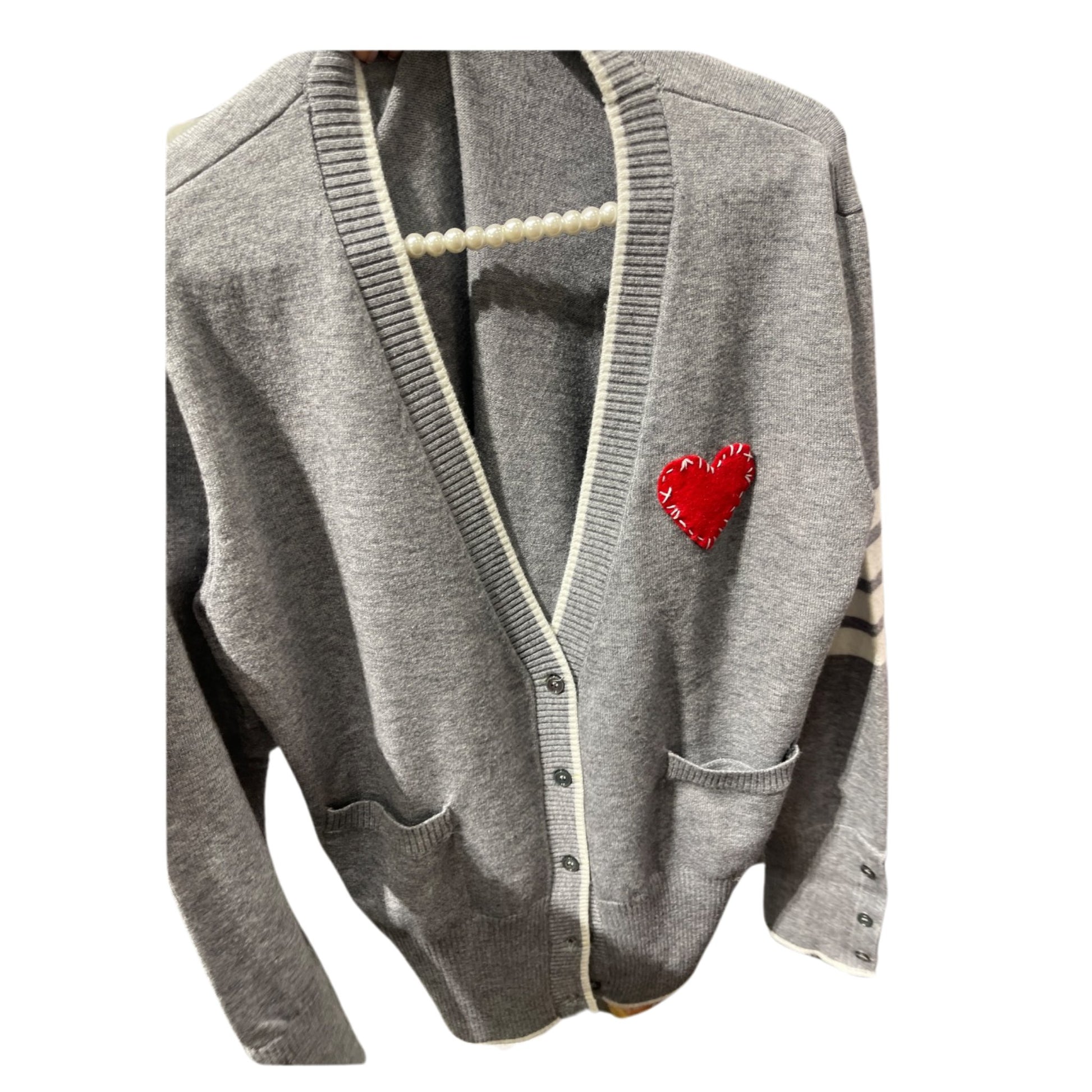 Grey Striped Americano Cardigan w/ Red Chest Patch - Something about Sofia