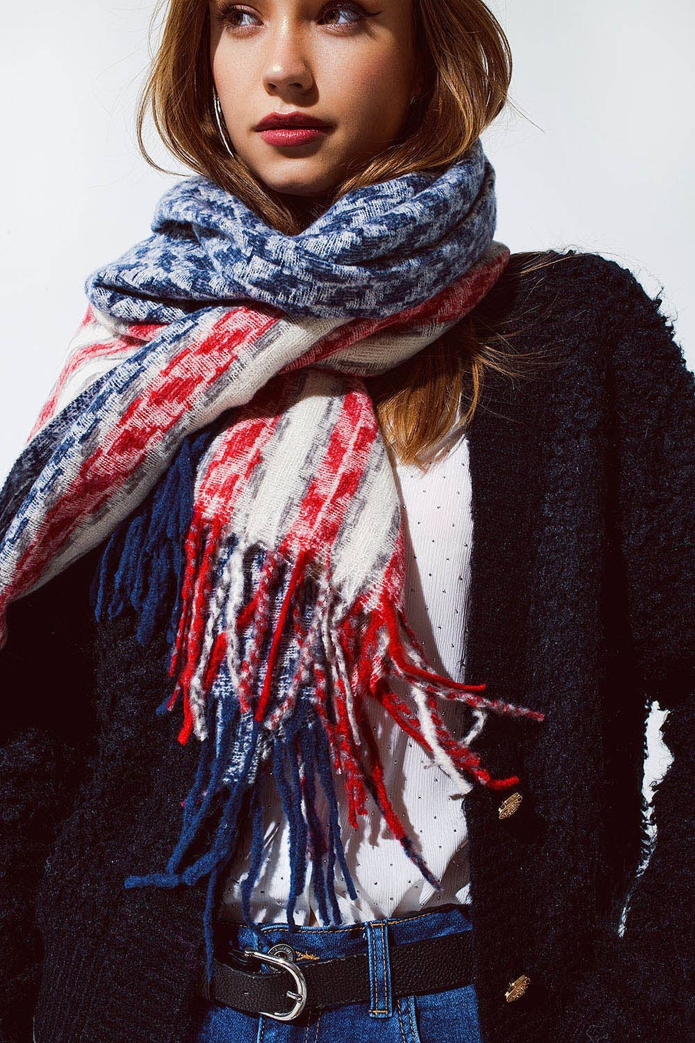 Houndstooth style americana Scarf in White Red and Blue: One Size / Blue - Something about Sofia