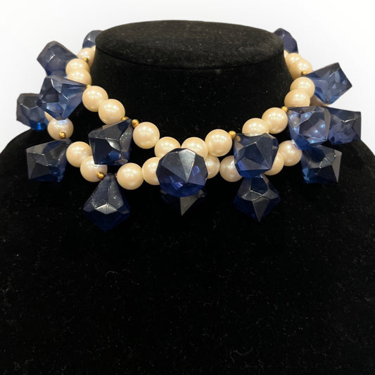 Vintage Double Strand Pearl & Lapis Statement Necklace - Something about Sofia